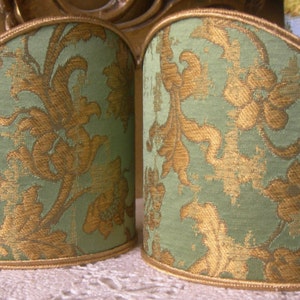 Pair of Clip-On Wall Sconce Shield Shades Green and Gold Rubelli Silk Jacquard Les Indes Galantes Pattern Mini Lampshade Handmade in Italy image 3