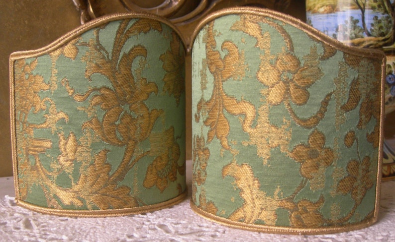 Pair of Clip-On Wall Sconce Shield Shades Green and Gold Rubelli Silk Jacquard Les Indes Galantes Pattern Mini Lampshade Handmade in Italy image 3