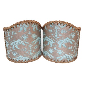 Pair of Wall Sconce Clip-On Shield Shades Fortuny Fabric Richelieu Pattern in Aquamarine & Silvery Gold Mini Lampshade - Handmade in Italy