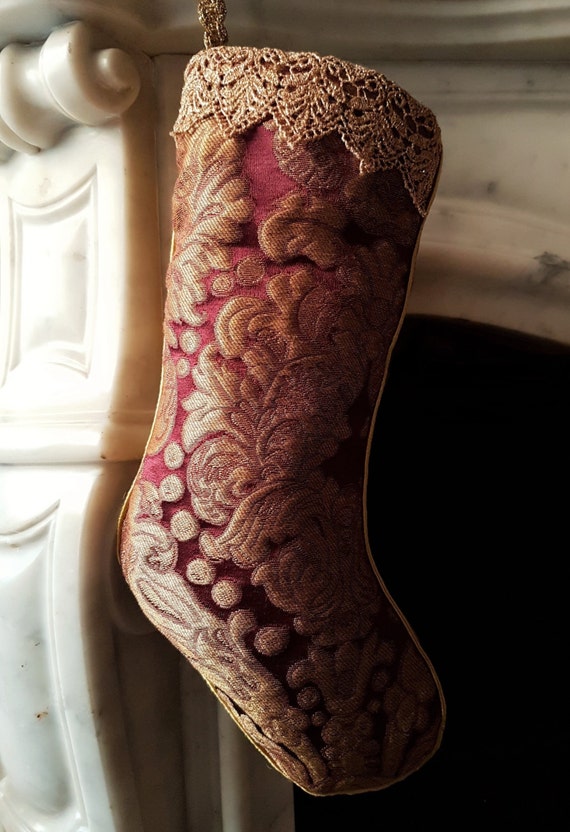 Luxury Christmas Stocking Amethyst & Gold Silk Brocatelle Rubelli Fabric Tebaldo Pattern - Made in Italy