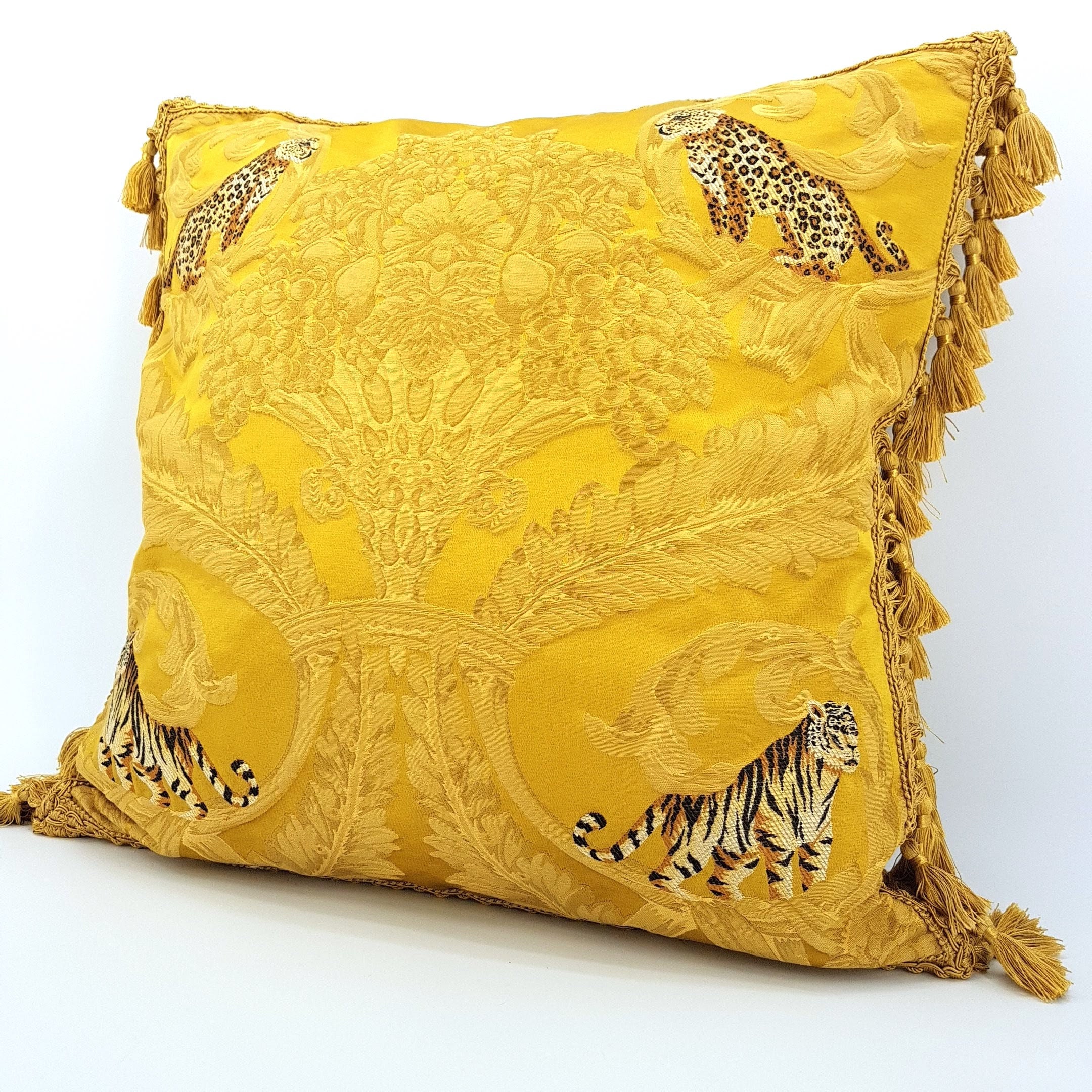 Throw Pillow Cushion Cover With Tassel Trim Gold Silk Damask Etsy UK