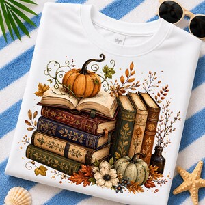 Kürbis-Bücherstapel (PNG), florales Herbstlesemotiv, gemütliche Bücherwurm-Sublimationsgrafik für Herbst-Shirts, Tassen und Tragetaschen