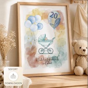 Geldcadeau voor een babyjongen | Babycadeau in aquarel | Geld geven als kraamcadeau | Digitale geboortecadeau download | Printbare PDF-sjabloon