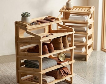 Mid Century Modern Plywood Shoe Rack, Entryway Organizer, Tiered Wood Shelf