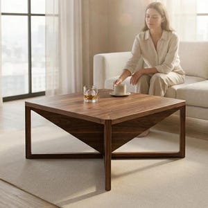 May include: A square coffee table crafted from dark brown wood with a distinct inverted pyramid base design. The table features a flat top surface and four legs that connect to the central triangular structure, providing a stable foundation.