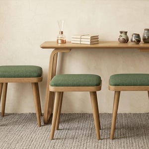 Juego de 2 taburetes modernos de lino, par de bancos de tocador minimalistas de madera