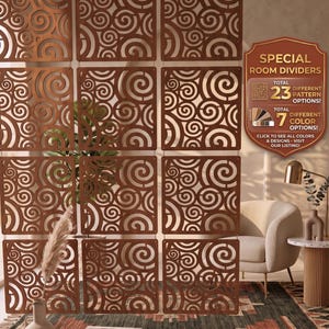 May include: A hanging room divider screen composed of twelve square panels with a brown finish and a repeating spiral cutout pattern. A shield-shaped sign displays the text: SPECIAL ROOM DIVIDERS, TOTAL 23 DIFFERENT PATTERN OPTIONS, TOTAL 7 DIFFERENT COLOR OPTIONS, CLICK TO SEE ALL COLORS & DESIGNS - VISIT OUR LISTING!