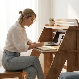 May include: A wooden desk with a slanted frame, a flat work surface, and a small upper shelf holding a potted succulent. The desk features a laptop and an open notebook. The text "Make Space for What Matters." is displayed above the desk.