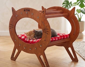 Modern Beech Wood Cat Bed | Elevated Plywood Pet Furniture with Cushion