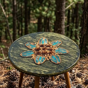 May include: A round side table with three tapered wooden legs and a dark green, marbled surface. The tabletop features a central decorative inlay of brown pinecones and six teal-colored, leaf-shaped accents arranged in a floral pattern.