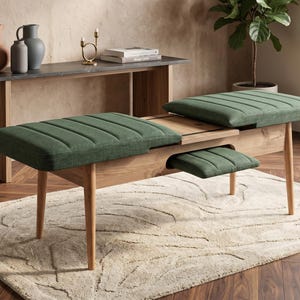 Expandable Modern Upholstered Bench with Oak Legs | Narrow Hallway, Dining, End Bed Seat