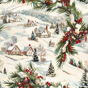 Può includere: Un tessuto stampato raffigurante un paesaggio invernale con case innevate, alberi spogli e conifere. Il design presenta rami di pino decorativi adornati con bacche rosse e nastri rossi su uno sfondo color crema.