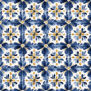 May include: A repeating square tile pattern featuring a white background with symmetrical floral motifs in shades of deep blue and golden yellow. The design consists of large blue petals arranged in a cross shape, interspersed with smaller yellow accents.