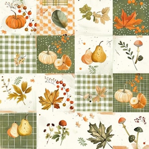 May include: A grid pattern fabric featuring autumn motifs including orange pumpkins, yellow pears, brown maple leaves, green foliage, and mushrooms. The design incorporates checkered and plaid backgrounds in shades of olive green and white.