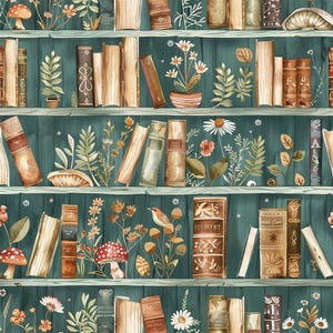 Könnte beinhalten: Ein sich wiederholendes Muster aus dunkel-türkisfarbenen Bücherregalen mit verschiedenen Vintage-Büchern, Topfblumen, wilden Pilzen und kleinen Vögeln. Das Design enthält Braun-, Creme- und Grüntöne mit detaillierten botanischen Illustrationen.