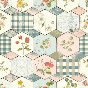 Peut inclure: Un motif répétitif d'hexagones présentant un mélange d'illustrations botaniques, de carrés à carreaux bleus et blancs et d'art géométrique linéaire. La palette de couleurs inclut du rose pâle, du vert sauge, du crème et du bleu sourd.