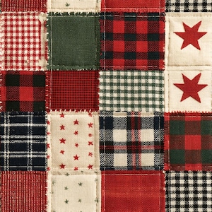 May include: A patchwork fabric featuring a grid of square textile blocks in various patterns including red and white gingham, dark green, red and black buffalo plaid, cream with red stars, navy plaid, and black and white checkered prints.