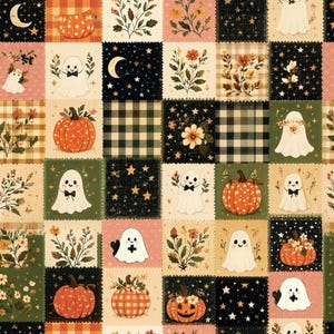 Halloween spöktyg, pumpalappstyg, höstblommigt rutigt tyg 1/2 yard:- Retro lapptäckstyg bomullsquiltning och hantverk