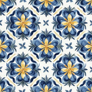 May include: A repeating pattern featuring stylized floral motifs in shades of deep blue, light blue, and yellow on a white background. The design consists of symmetrical four-petaled blossoms arranged in a grid with small leaf accents between them.