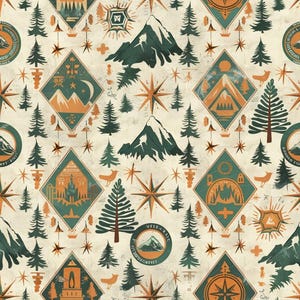 May include: A seamless pattern featuring dark green pine trees, orange and teal diamond-shaped emblems with mountain landscapes, suns, moons, and stars, and circular badges with mountain illustrations on a light cream-colored background.