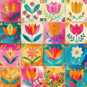 以下が含まれることがあります： ピンク、オレンジ、イエロー、ティールの色合いで描かれた、カラフルな花のイラストが並ぶ16枚の正方形タイルのグリッド。各タイルには、フラットなグラフィックアートスタイルで表現された、様式化された花びら、葉、茎を持つユニークな花が描かれています。