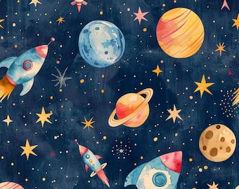 Tkanina „Rakieta kosmiczna” 1/2 jarda: - Kolorowa tkanina Planet Fabric do pikowania i rękodzieła bawełnianego