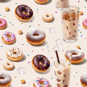 May include: A repeating pattern featuring various doughnuts with chocolate, pink, and white icing, colourful sprinkles, and powdered sugar, interspersed with glasses of iced coffee containing ice cubes and straws on a light beige background.