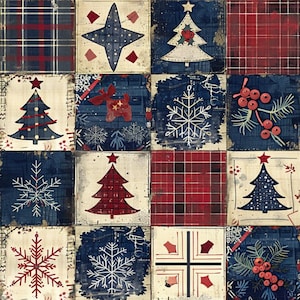 Può includere: Un pannello di tessuto quadrato con una griglia di sedici blocchi distinti a tema natalizio. Il motivo include quadrati a quadri rossi e blu, fiocchi di neve bianchi su sfondo blu, alberi di Natale stilizzati, bacche rosse e stelle.