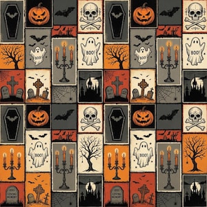 Vintage Halloween-lapptäcketyg Spökskalle Pumpa-tyg 1/2 yard: - Retro kuslig bomullsquiltning och hantverk