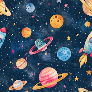 Könnte beinhalten: Ein nahtloses Muster mit Aquarellillustrationen verschiedener Planeten, darunter ringförmige und kraterartige Kugeln, sowie bunte Raketen und gelbe Sterne, die auf einem dunkelblauen Hintergrund mit texturierter, kosmischer Optik verteilt sind.