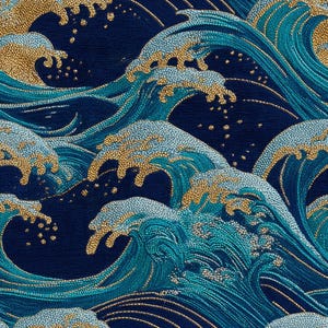 May include: A fabric pattern featuring stylized ocean waves in shades of deep navy blue, bright teal, and metallic gold. The design consists of repeating cresting waves with textured, dotted details and flowing lines throughout the textile.