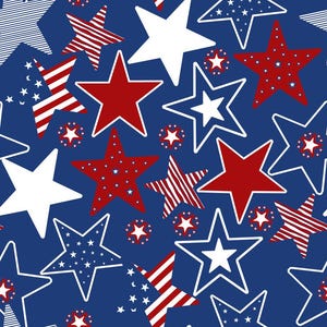 May include: A seamless pattern featuring a variety of five-pointed stars in red, white, and blue. The design includes solid red stars, solid white stars, stars with red and white stripes, and blue stars filled with small white stars on a blue background.