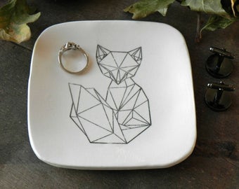 Geometric Fox Trinket Dish,  Ceramic Plate, Black and White Pottery, Square Ring Dish Animal Porcelain Home Decoration, Geometrical Style