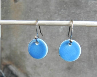 Little Blue Ceramic Dangle Earrings, Minimalist  Modern Round Earrings, Small Bluebonnet Ceramic Jewelry,  Surgical Steel, Hypoallergenic