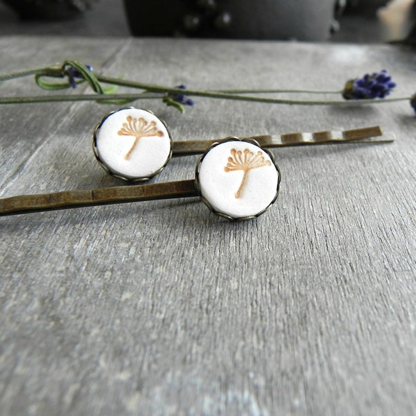 Porcelain Dandelion Bobby Pins, Boho Ceramic Hair Pins, Set of 2 Nature Inspired Flower Hair Accessories