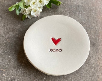 Ceramic Ring Dish Red Heart XOXO Minimalist Pottery Plate Jewelry Dish Recycled Box