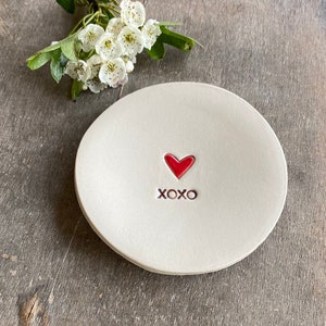 Ceramic Ring Dish Red Heart XOXO Minimalist Pottery Plate Jewelry Dish Recycled Box image 1