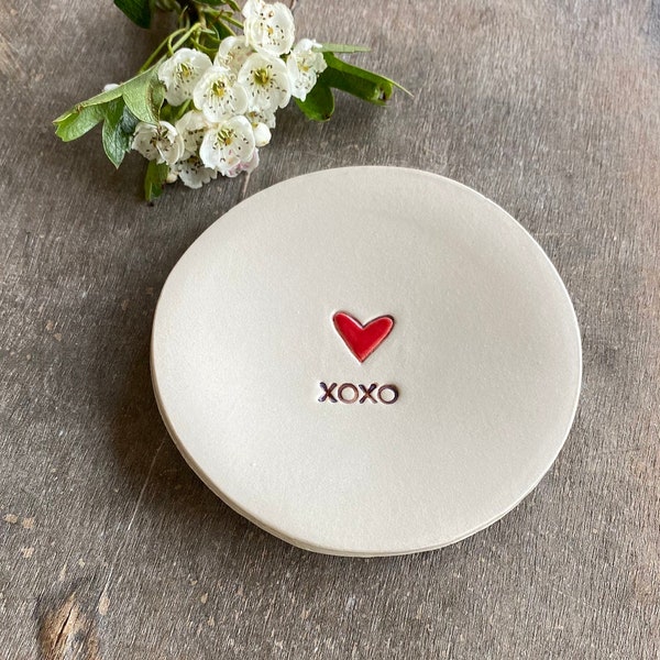 Ceramic Ring Dish Red Heart XOXO Minimalist Pottery Plate Jewelry Dish Recycled Box