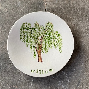 May include: A white ceramic dish with a green willow tree painted on it. The dish has the word "willow" written in green letters below the tree.