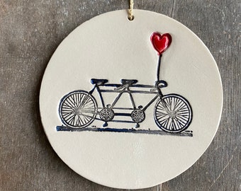 Engagement Ring Holder, Bicycle Love Plate or Ornament, Tandem and Heart Ceramic Wedding Ring Dish, Ivory Ring Pillow Custom Ring Plate