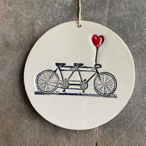 Engagement Ring Holder, Bicycle Love Plate or Ornament, Tandem and Heart Ceramic Wedding Ring Dish, Ivory Ring Pillow Custom Ring Plate image 1
