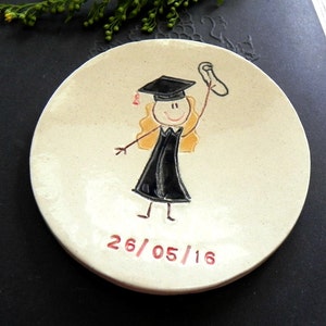 Personalized Graduation Ceramic Ring Dish, Small Plate, Blond Girl with Graduation Hut OOAK Candle Holder