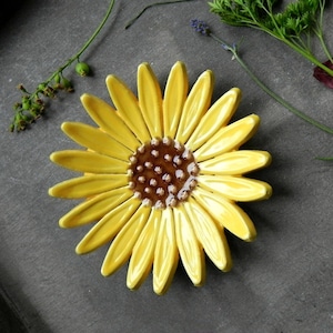 Sunflower Ceramic Ring Dish, Flower Pottery, Jewelry Plate,  Home Decoration, Yellow with Brown Trinket Dish, Christmas Gift for Her