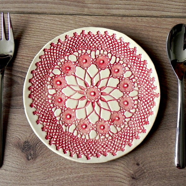 Rustic Ceramic Plate, Red Mandala Lace Dessert Plate, Unique Serving Plate, Mandala Tableware, Boho Kitchen Decor Ceramic Dish, Lace Pottery