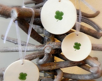 4 Leaf Clover Circle Ornaments, Lucky  Home Decoration, St. Patrick Ceramics, Green Clover Pottery, Gift Set of 3