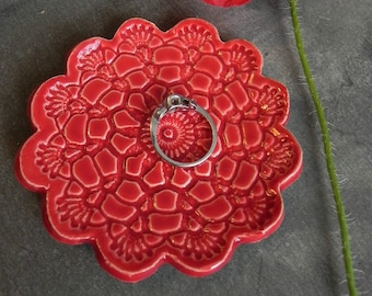 Valentine's Day Ceramic Flower Plate Poppy Red Dish Lace Pattern Ring Holder Valentine Pottery