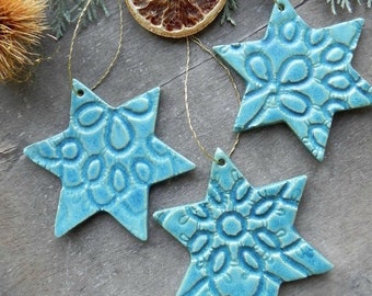 Christmas Stars, 3 Lace Celestial Ornaments, Blue Pottery Gift, Gifts under 30, Home Decor Gift, Country Holiday Ornaments, Christmas Star