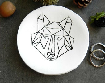 Wolf Porzellan Ringschale, Wildlife Kingdom, schwarz weiß geometrisches Design, n Woodland Keramikplatte Schmuckschale Home Decor