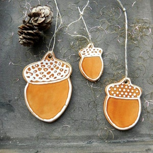 Acorn Ceramic Christmas Ornaments Caramel Woodland Rustic Home Decor - Set of 3