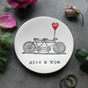 Engagement Ring Holder, Bicycle Love Plate or Ornament, Tandem and Heart Ceramic Wedding Ring Dish, Ivory Ring Pillow Custom Ring Plate image 2
